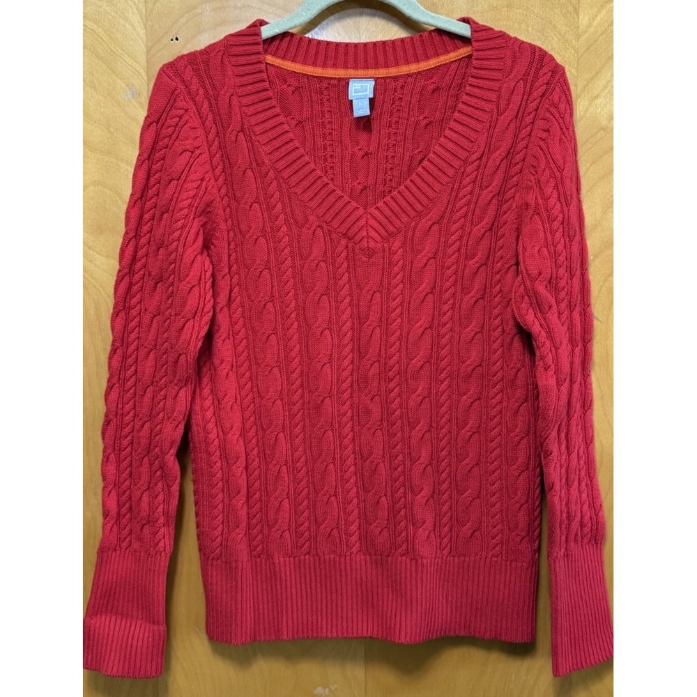 JCP Womens‎ V-neck Pull Over Cable Knit Sweater Cotton Preppy Red Sz L